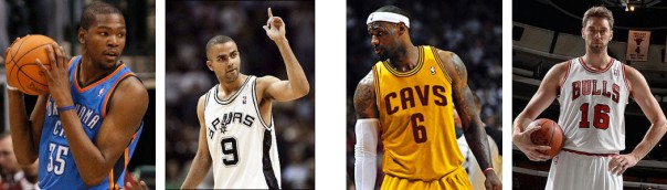 Kevin Durant (Thunder), Tony Parker (Spurs), LeBron James (Cavaliers) y Pau Gasol (Bulls)